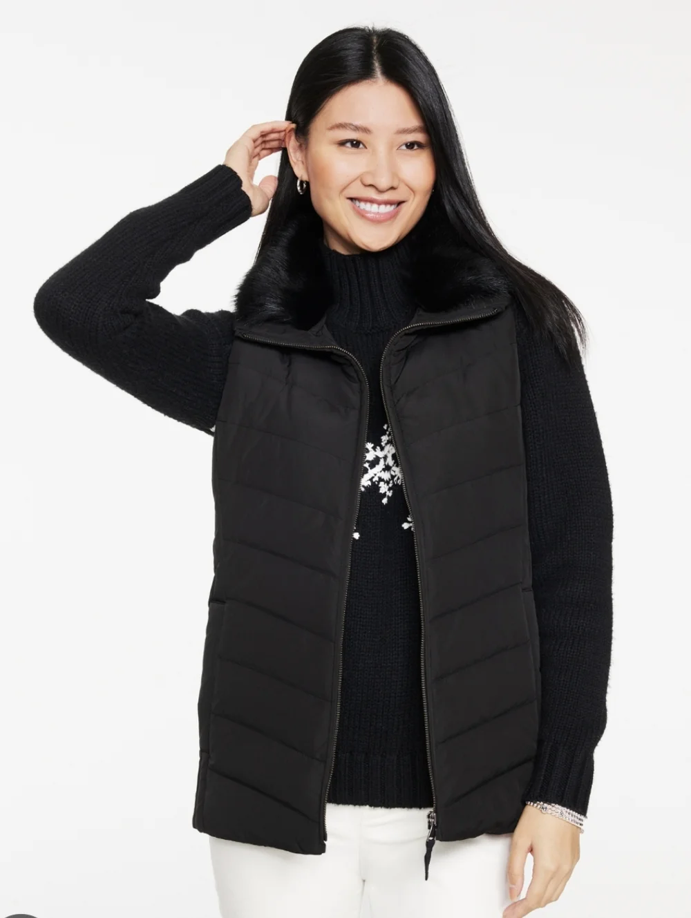 Talbots Down Puffer Vest Womens Size M  Black Faux Fur Collar Full Zip Quilted